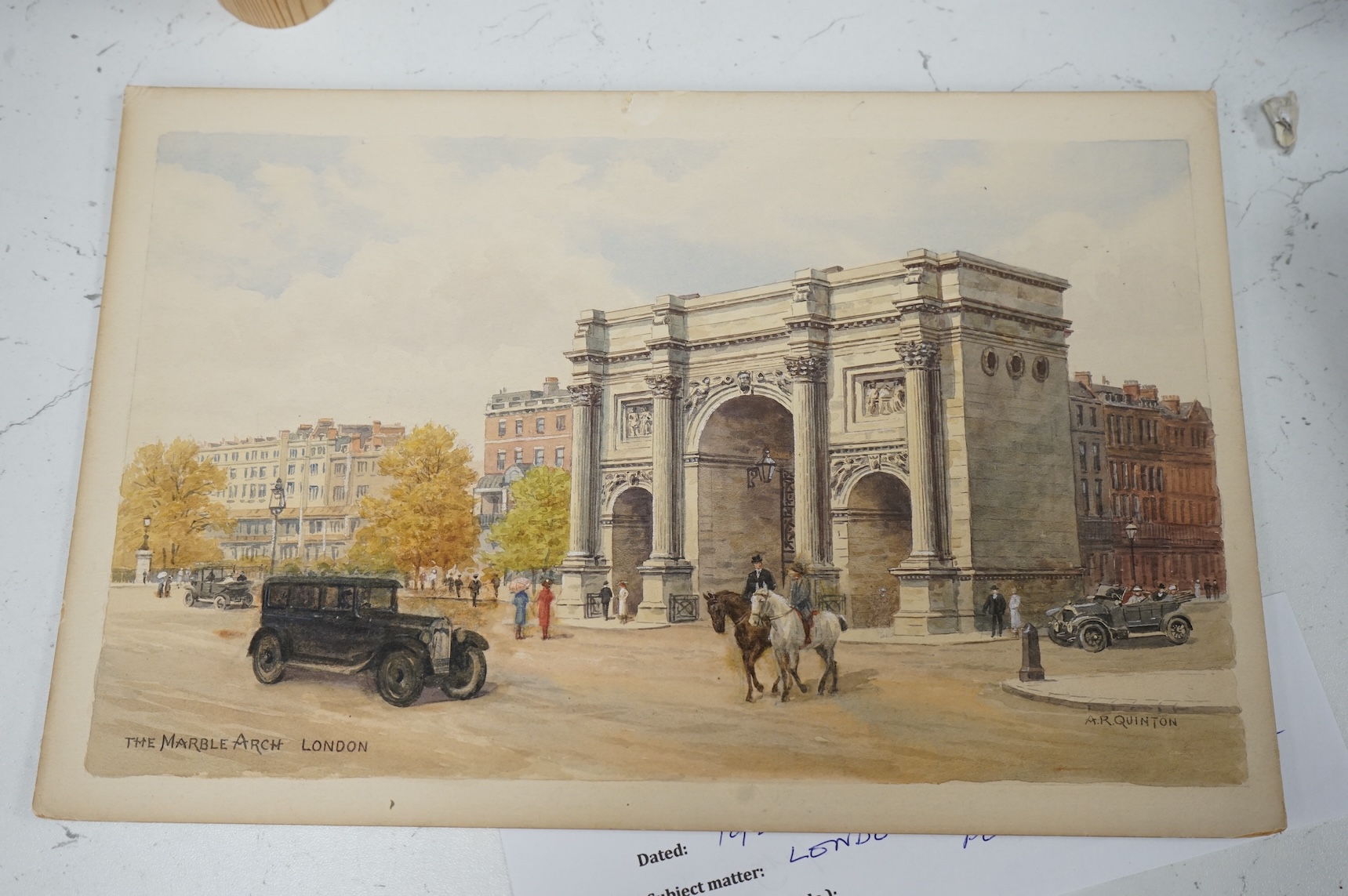 Alfred Robert Quinton (1853-1934), a set of four original watercolours for postcard designs, London scenes to include, ‘National Gallery’, ‘Regent Street’ and ‘Marble Arch’, each signed, unframed, 20 x 30cm